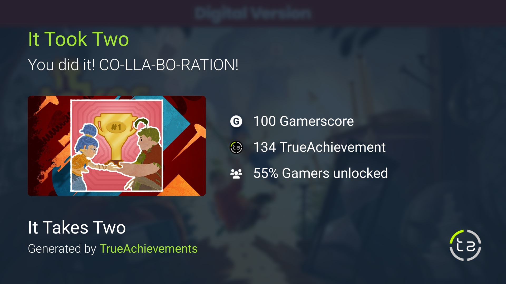 We got a good laugh out of seeing the pop up at the end of the game reading “Achievement unlocked. It Took Two”. Simple and punchy.