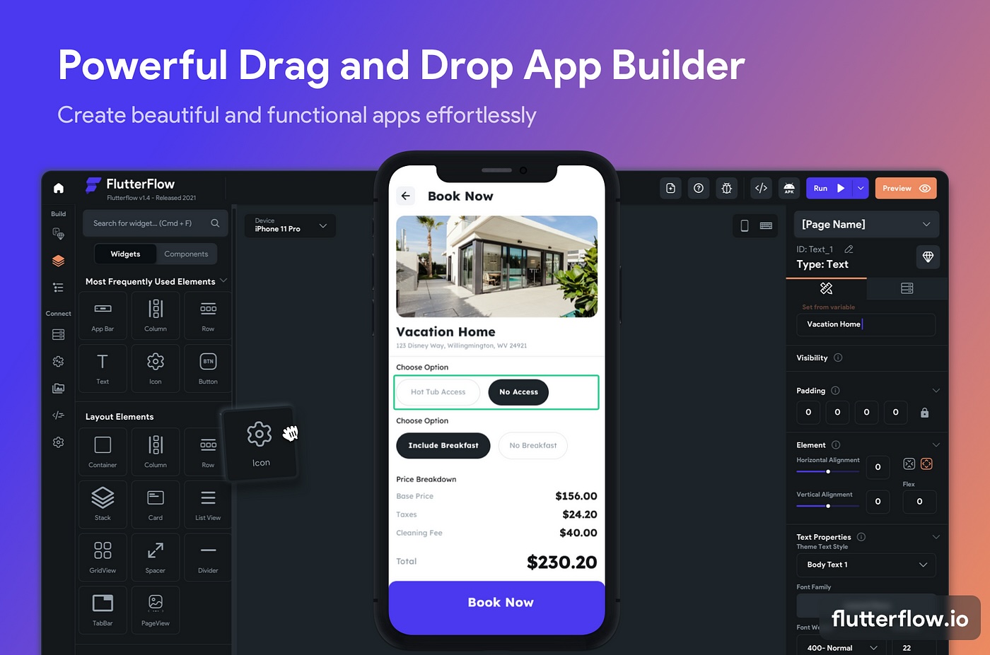 FlutterFlow, a website for creating apps using drag-and-drop