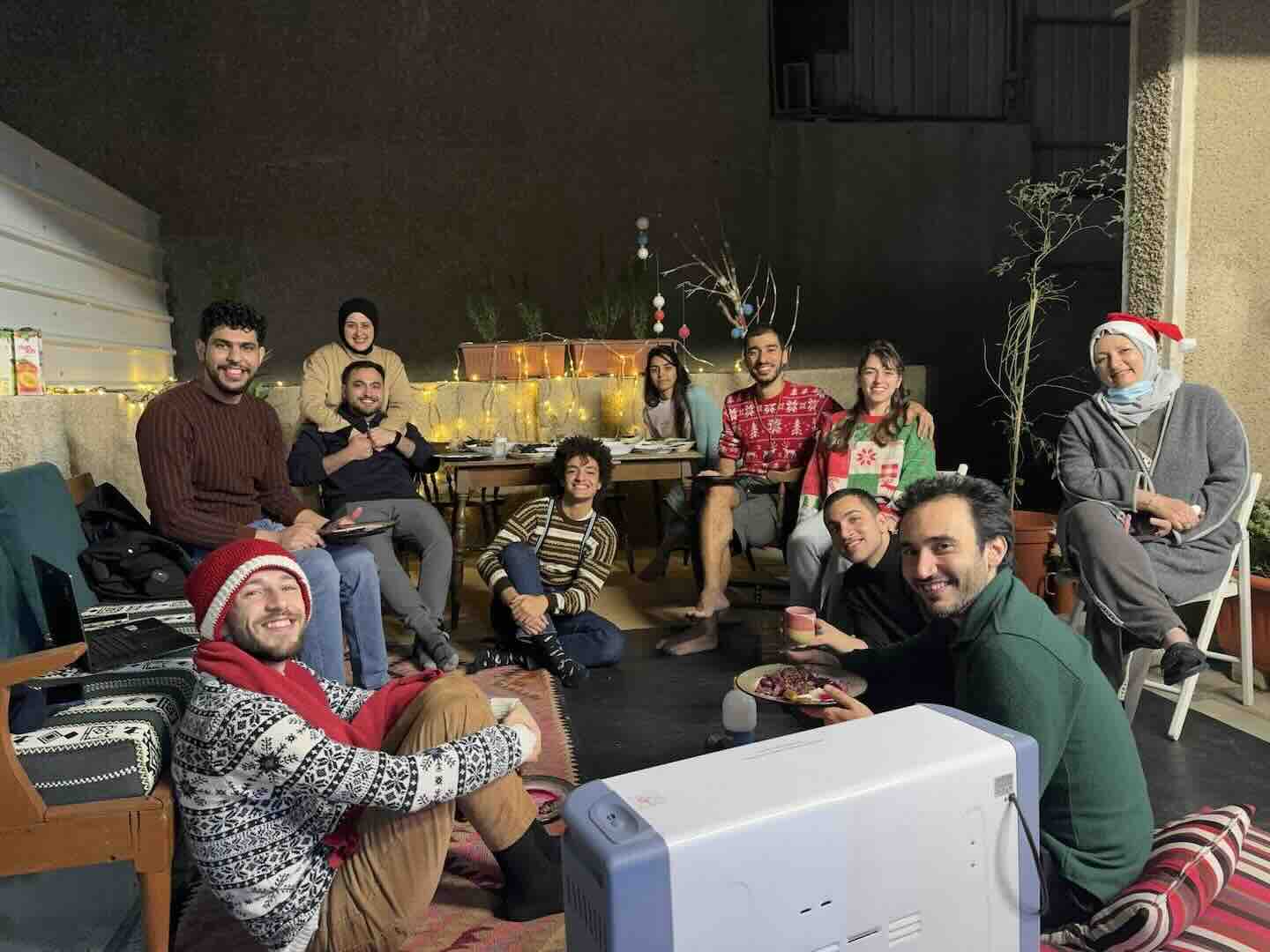 Everybody gathered for our potluck dinner